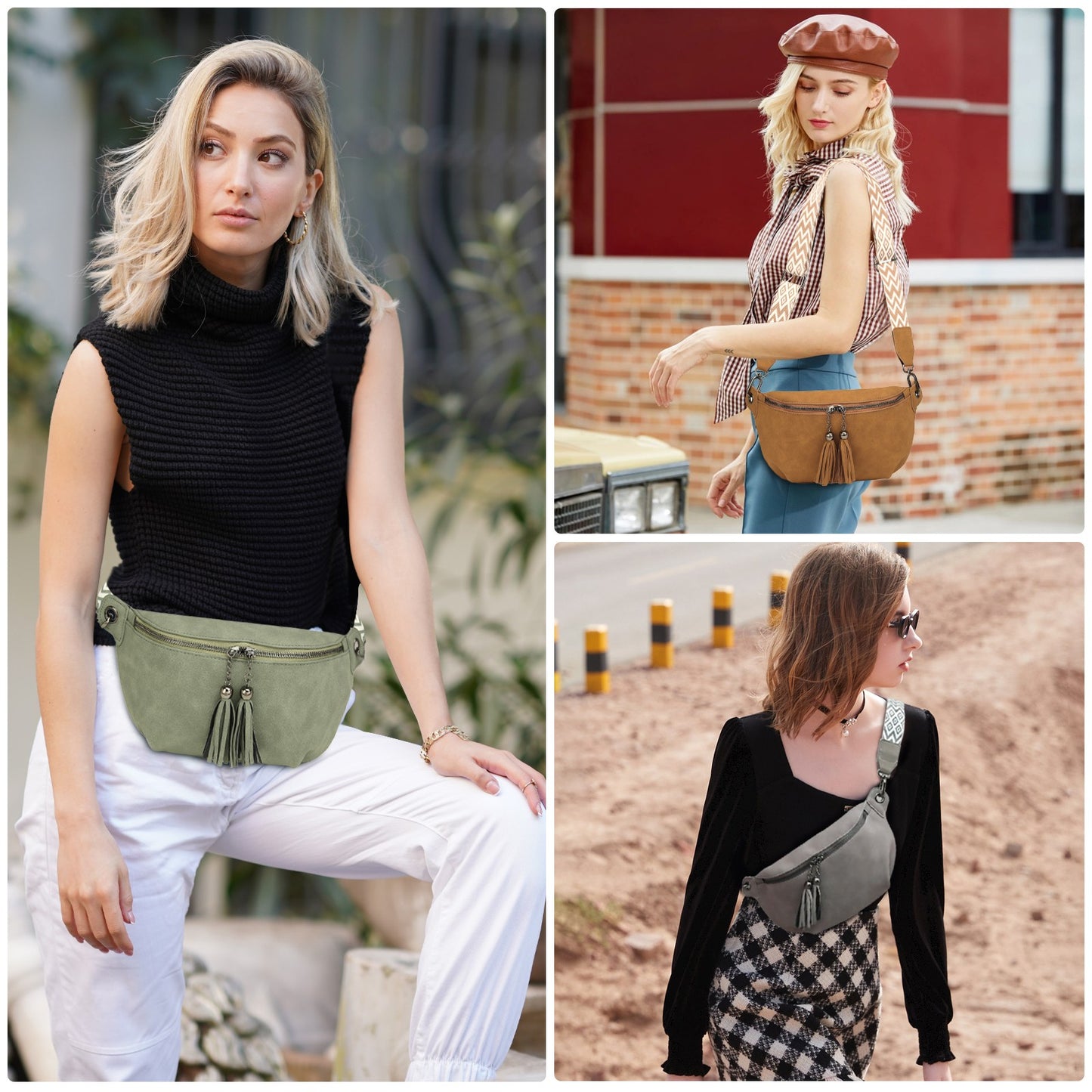 Myhozee Vintage Leather Belt Bag Waist Pack Causal Chest Bum Bag with Tassel