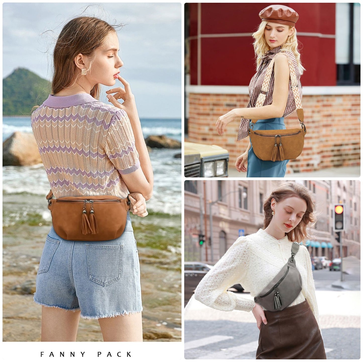 Myhozee Vintage Leather Belt Bag Waist Pack Causal Chest Bum Bag with Tassel