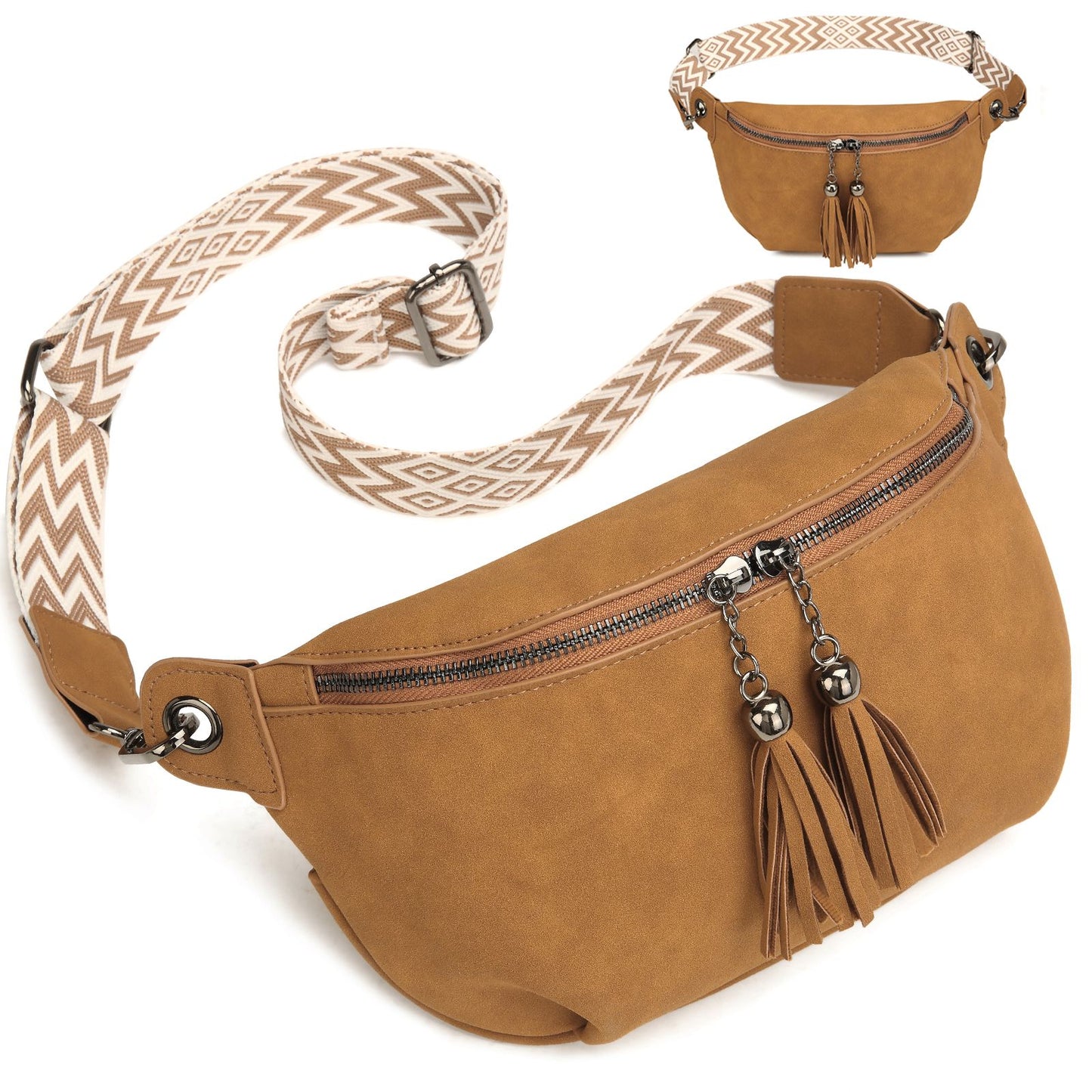 Myhozee Vintage Leather Belt Bag Waist Pack Causal Chest Bum Bag with Tassel