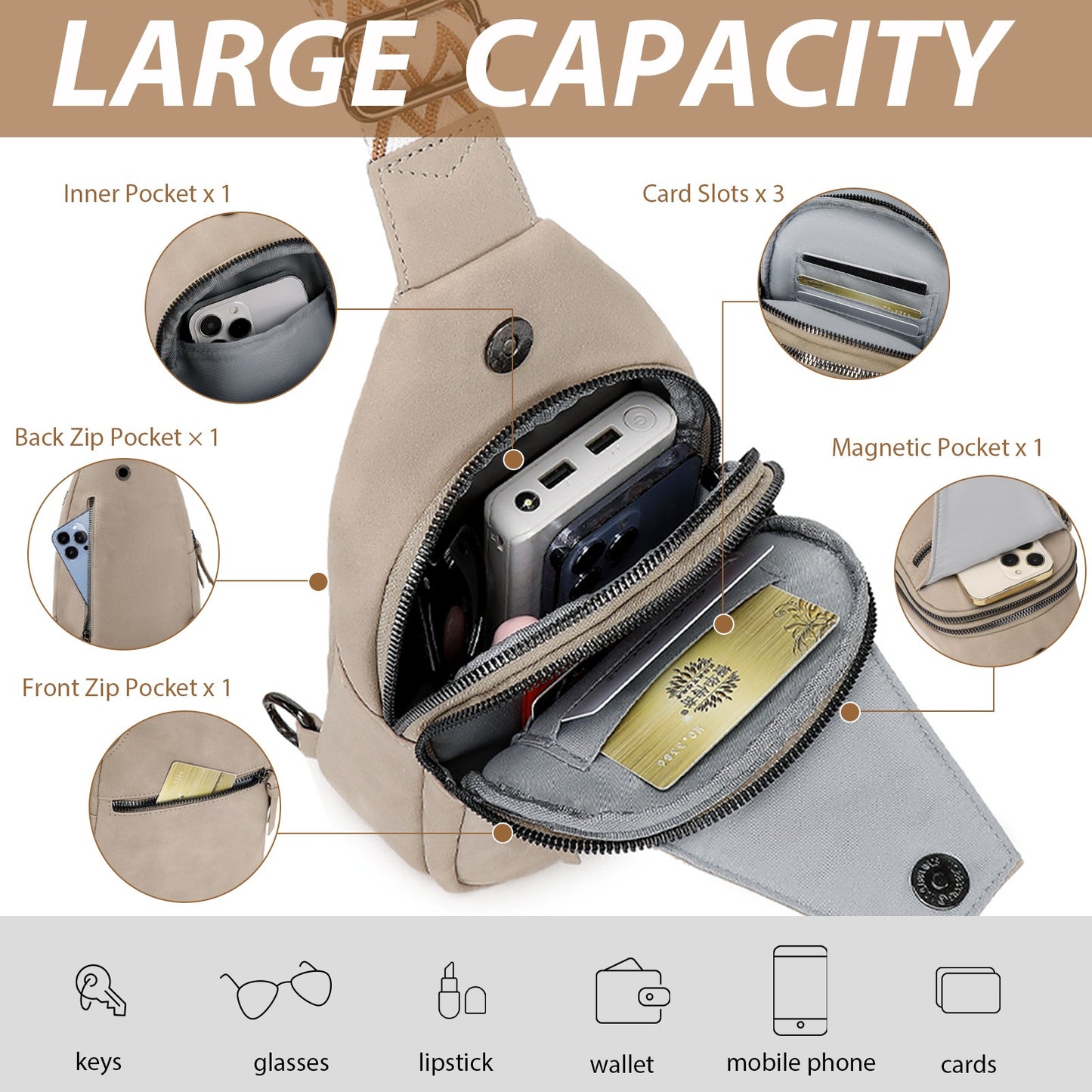 Myhozee Small Sling Bag for Women, Vegan Leather Fanny Pack Crossbody Bags for Women, Chest Bag With Guitar Strap