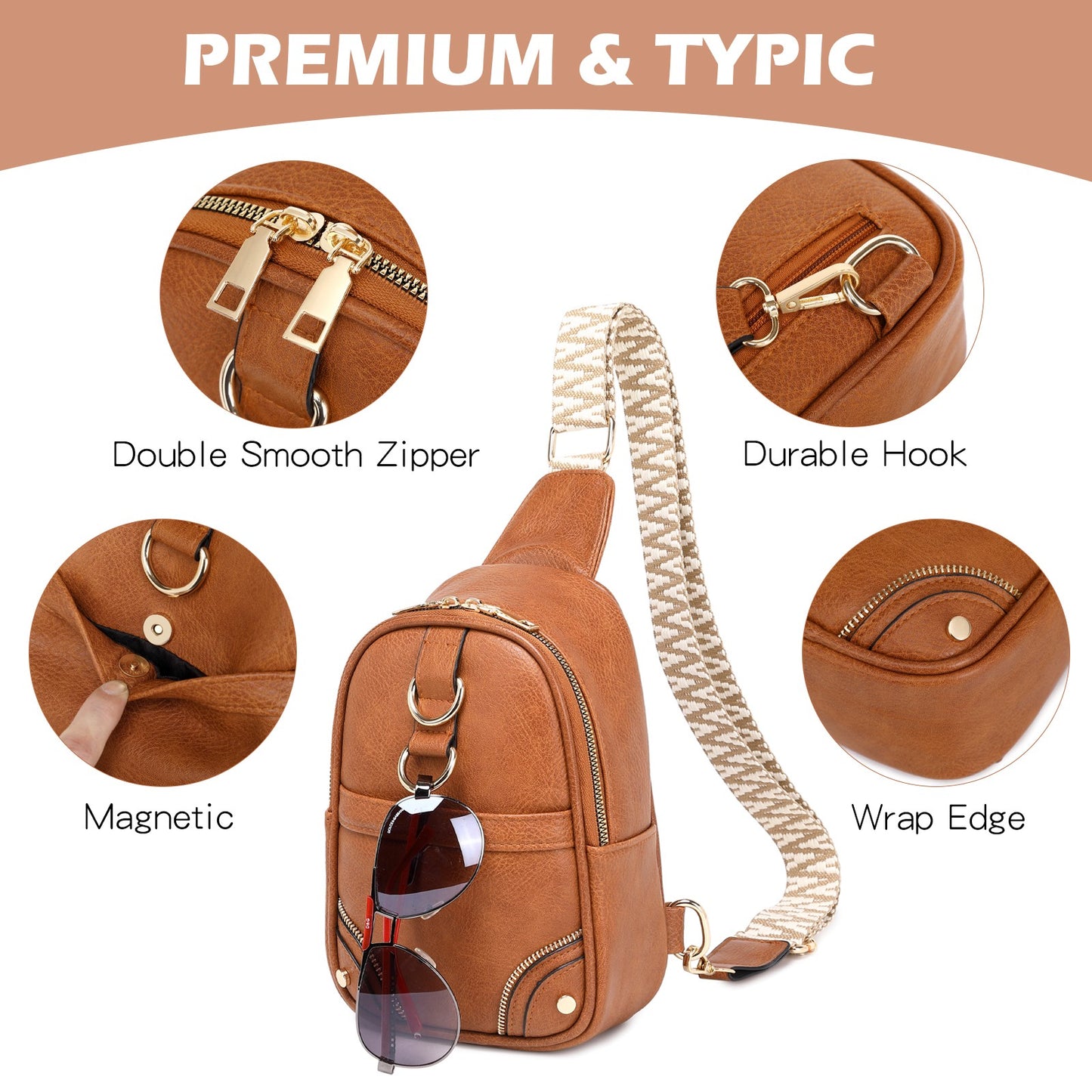 Myhozee Sling Bag for Women Small Crossbody Bags PU Leather Chest Bag With Guitar Strap