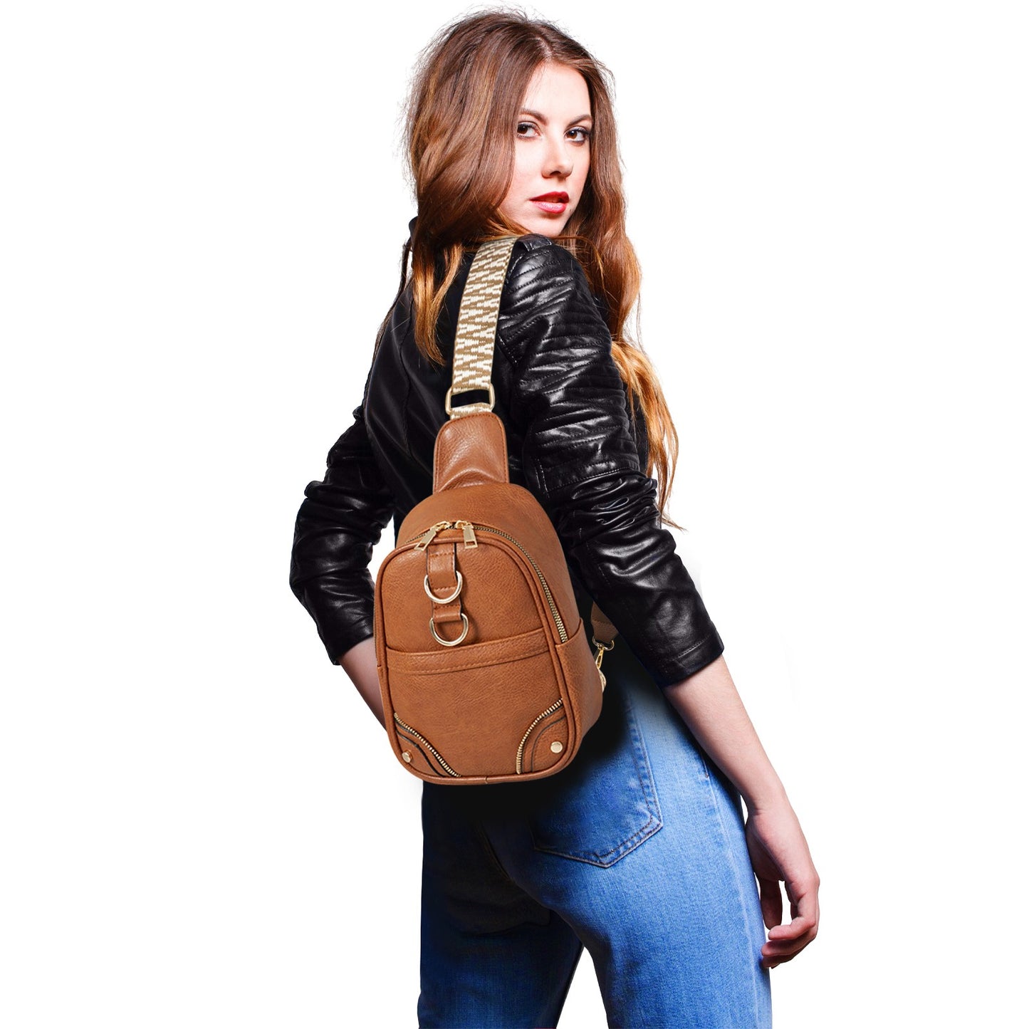 Myhozee Sling Bag for Women Small Crossbody Bags PU Leather Chest Bag With Guitar Strap