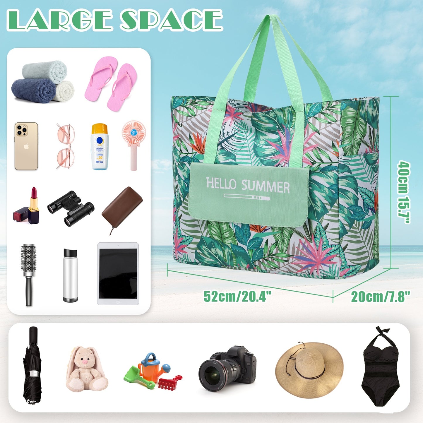 Myhozee XXL Summer Beach Tote Bags with zipper