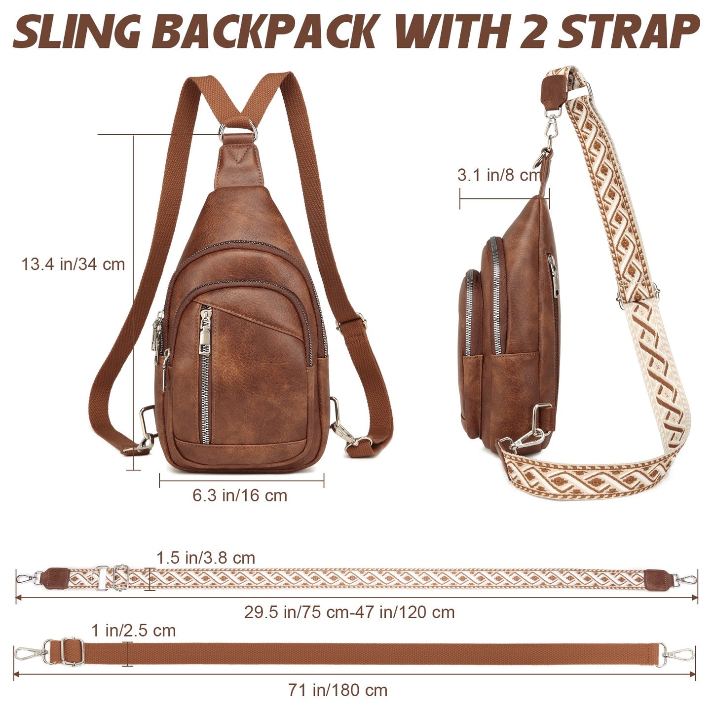 Sling Bag Crossbody Backpack Purse - 2 in 1 Leather Cross Body Bag Fanny Pack with 2 Removable Strap Large Chest Shoulder Bag