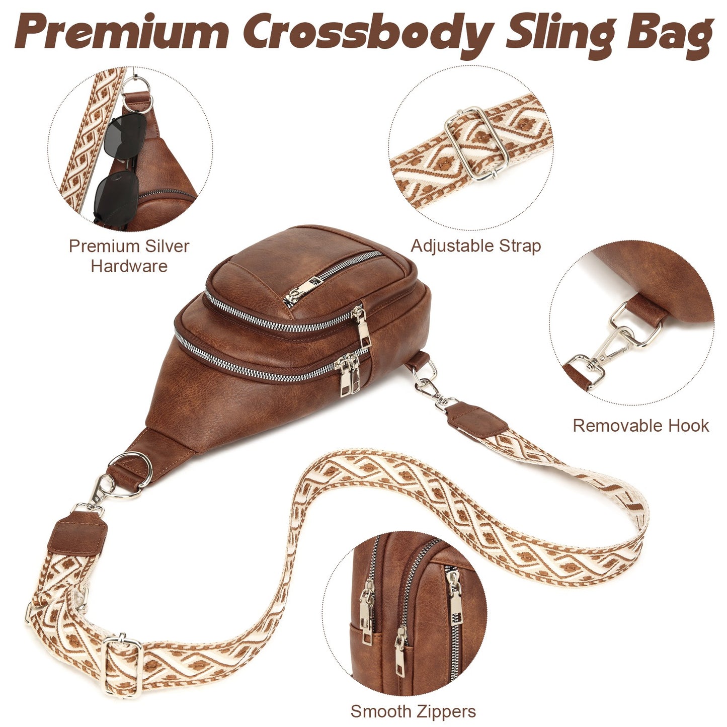 Sling Bag Crossbody Backpack Purse - 2 in 1 Leather Cross Body Bag Fanny Pack with 2 Removable Strap Large Chest Shoulder Bag