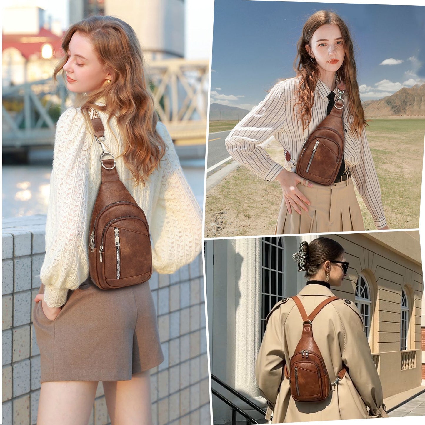 Sling Bag Crossbody Backpack Purse - 2 in 1 Leather Cross Body Bag Fanny Pack with 2 Removable Strap Large Chest Shoulder Bag