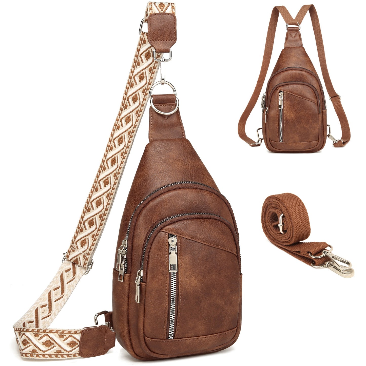 Sling Bag Crossbody Backpack Purse - 2 in 1 Leather Cross Body Bag Fanny Pack with 2 Removable Strap Large Chest Shoulder Bag