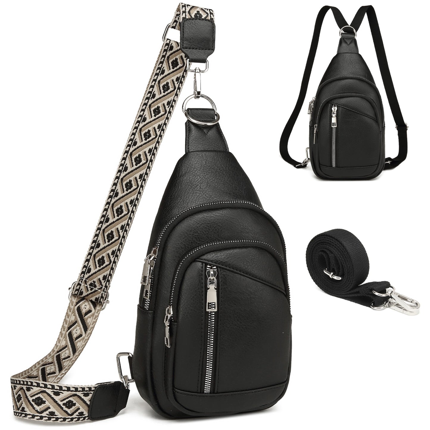 Sling Bag Crossbody Backpack Purse - 2 in 1 Leather Cross Body Bag Fanny Pack with 2 Removable Strap Large Chest Shoulder Bag